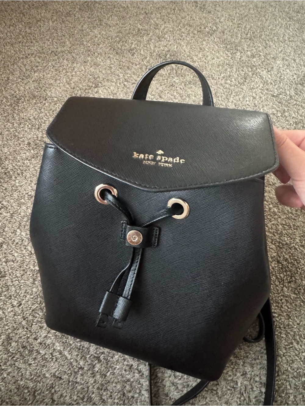 kate spade black saffiano leather drawstring backpack